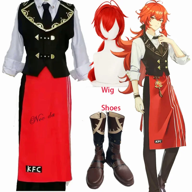 Genshin impact diluc ชุดคอสเพลย์ผู้หญิง KFC diluc genshin COSPLAY ผู้ชายเครื่องแบบบริกรวิกชุดอนิเมะชุดปาร์ตี้ฮาโลวีน