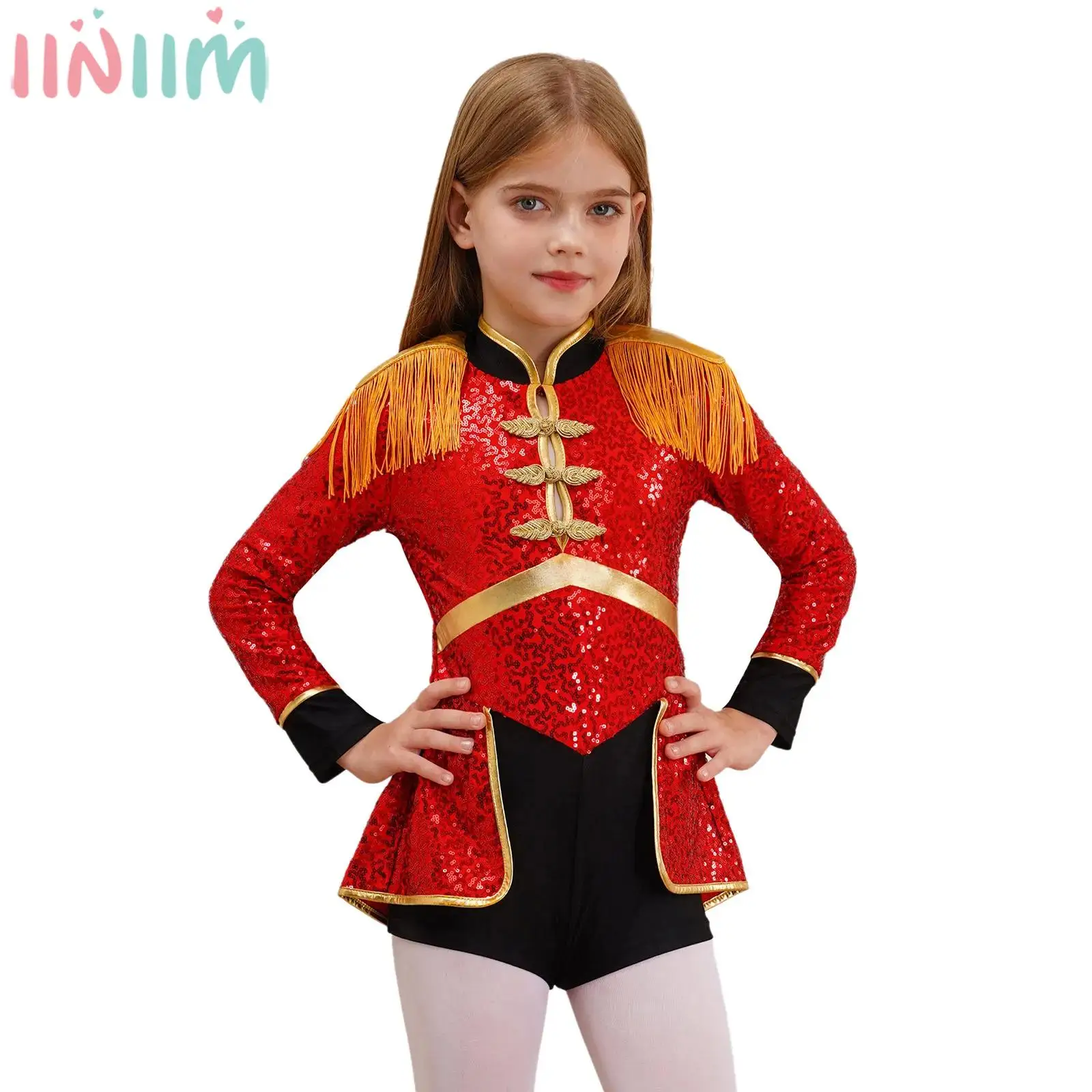 

Girls Halloween Circus Ringmaster Magician Cosplay Tuxedo Dress Carnival Drum Band Parade Costume Long Sleeve Sequin Bodysuit