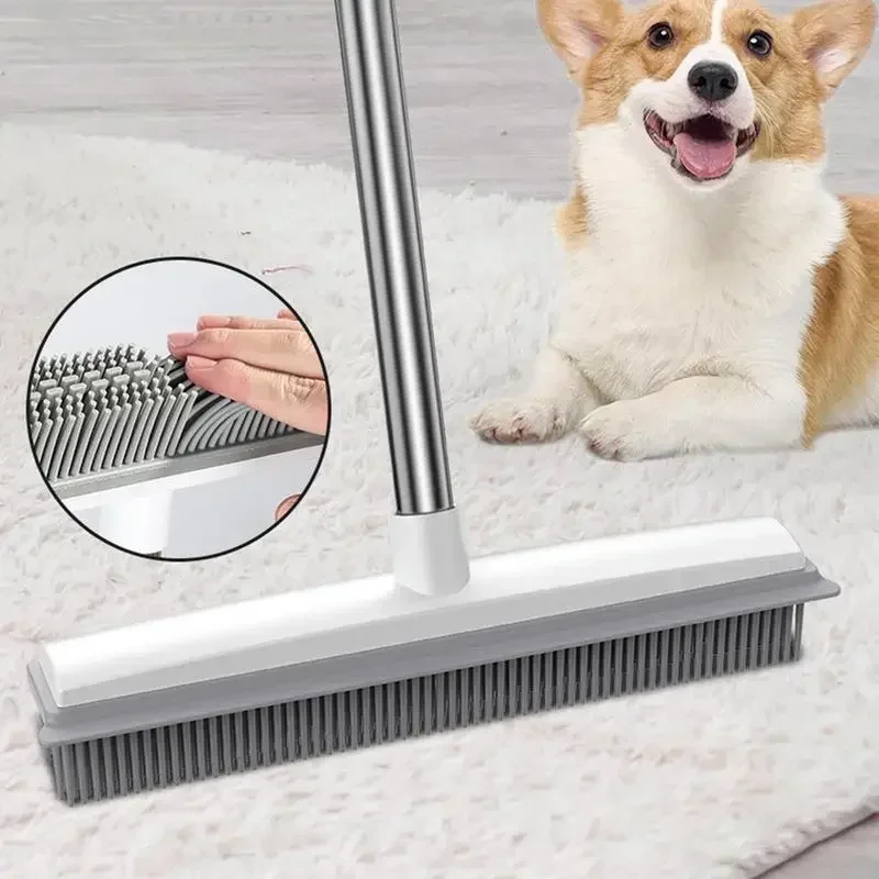 Escova de chão de borracha para pelos de animais de estimação, para tapete, removedor de pelos de cães com rodo embutido, mini vassoura de silicone, limpeza