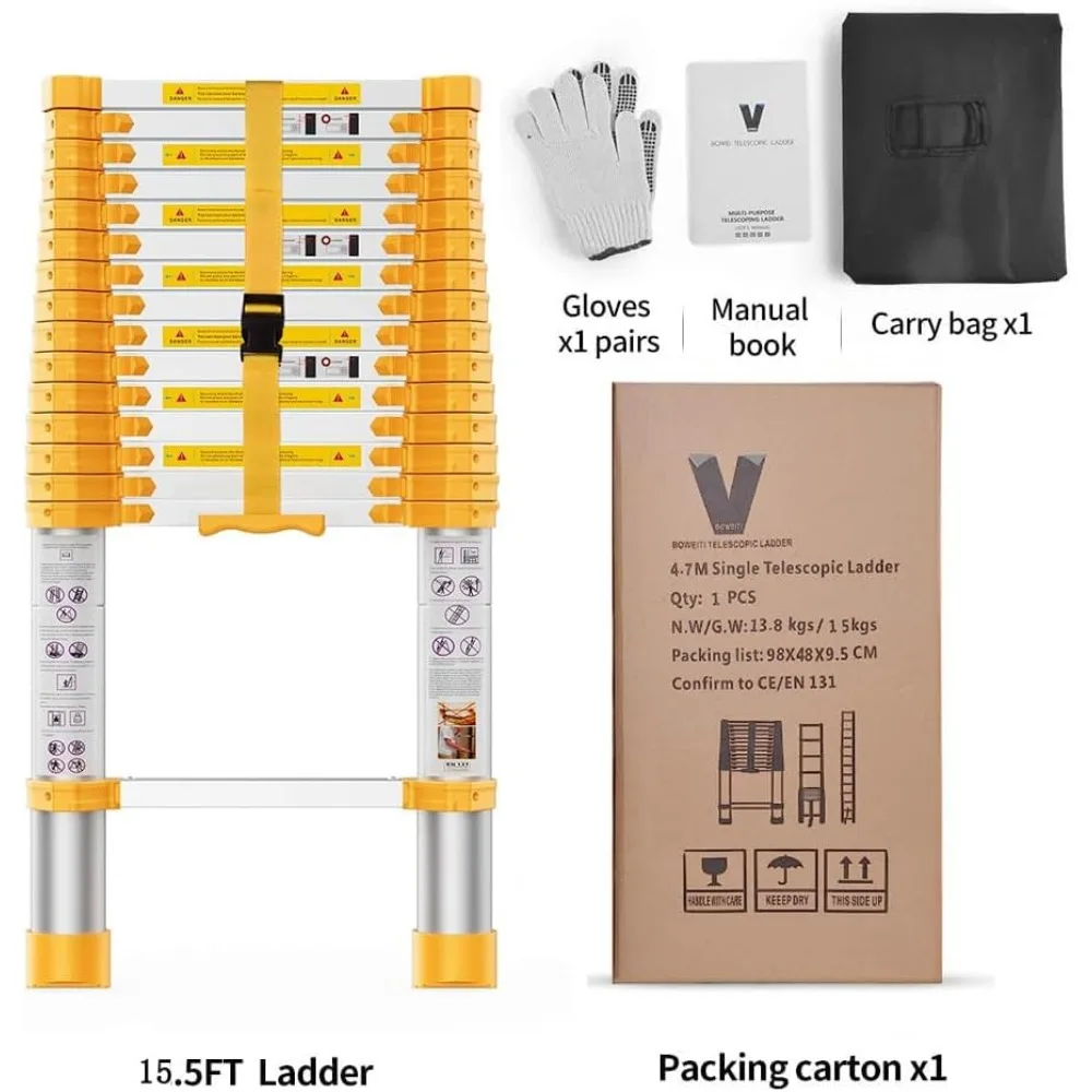 Escalera telescópica de aluminio, 15,5 pies plegable con pies antideslizantes, resistente para uso doméstico y al aire libre