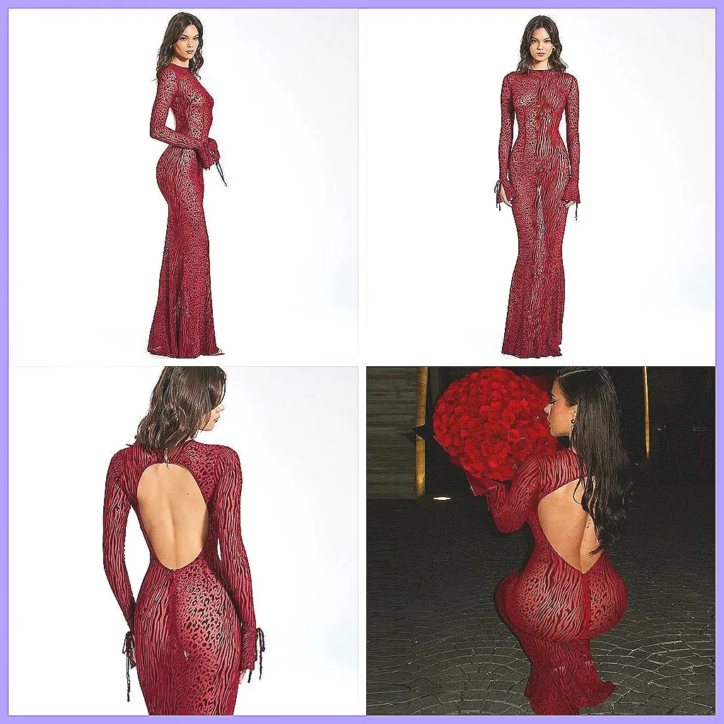 

Sexy Red Leopard Print Maxi Dress with Mesh & Backless Design, Flare Sleeve Party Dress for Women