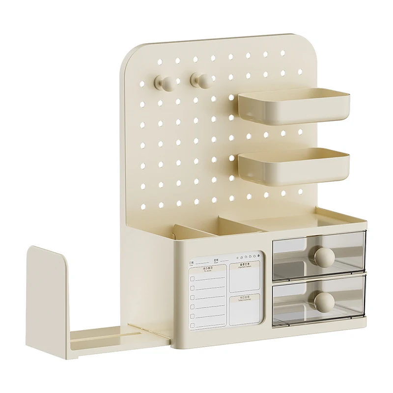 

Plastic Desk Organizer with Pegboard Drawers and Compartments Multifunctional Office Supplies Storage Rack with Memo Pad Area