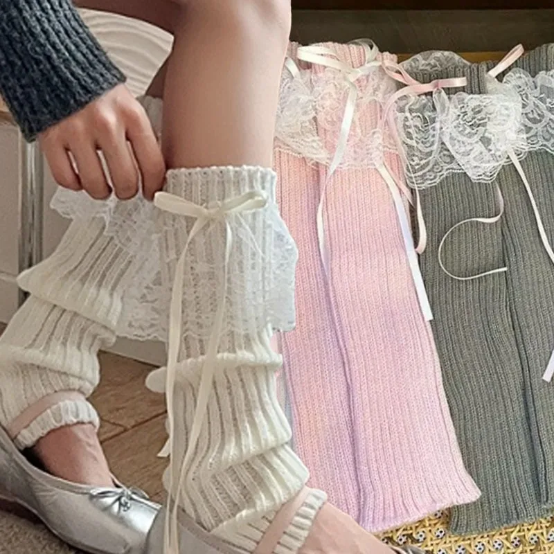 Fashion Lace Bow Leg Warmers Lolita Calf Warmers Y2K JK Knitted Slouch Socks Women Girls Fashion Princess Winter Accessories