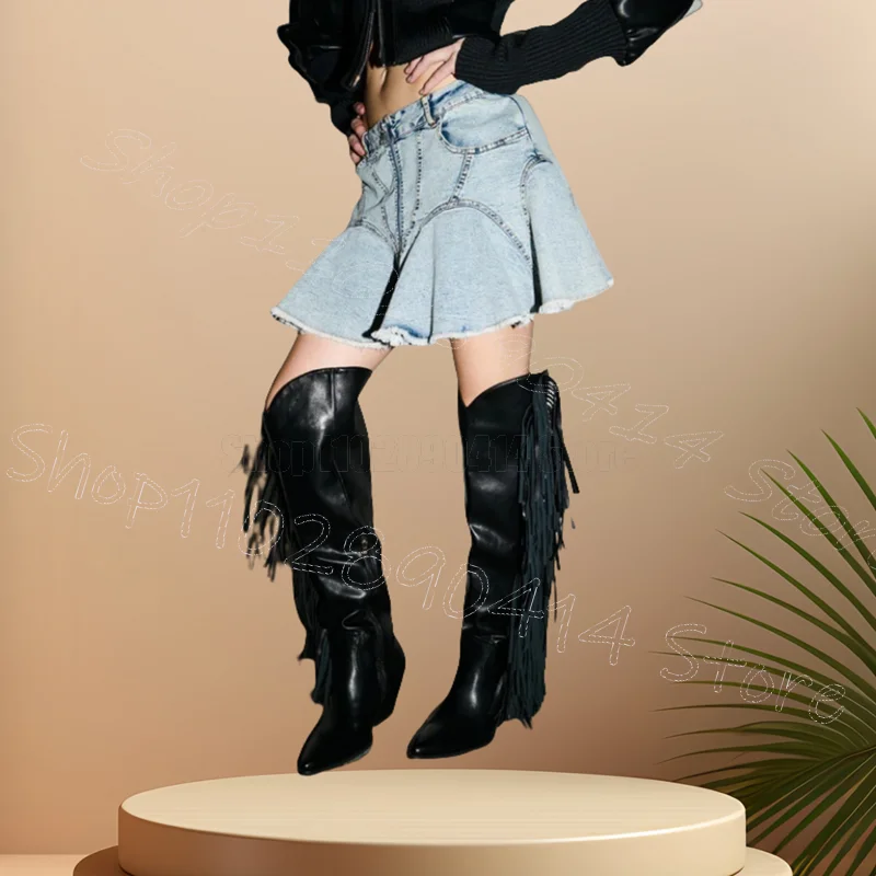 

Black Side Tassels Design Pointed Toe Boots Side Zipper Women Shoes Chunky High Heels New Party Banquet 2025 Zapatos Para Mujere