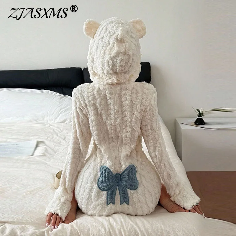 Women Fuzzy Teddy Bear Ear Hooded Romper Long Sleeve Solid Zip Bodycon Short Jumpsuit Fluffy Plush Loungewear Sleepwear Overalls