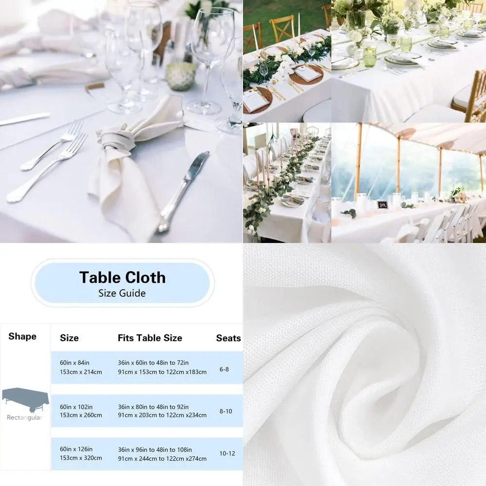 

60x102 Inch White Polyester Tablecloths for 6ft Rectangular Tables - Stain & Wrinkle Resistant, Ideal for Parties & Weddings