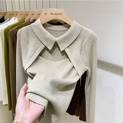 Women's Blouse Fake 2 Piece Knit Bottoming Shirt Autumn Female Chic Hollow Out Lapel Tops Solid Color Full Sleeve Basic Blouses