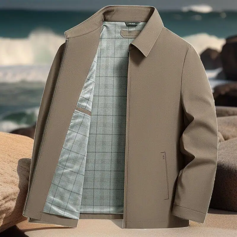 Men Business Casual Coats Chinese Officer's Classical Jackets Black Khaki Navy Brown Turn Down Collar Zip-up Design Basic Attire