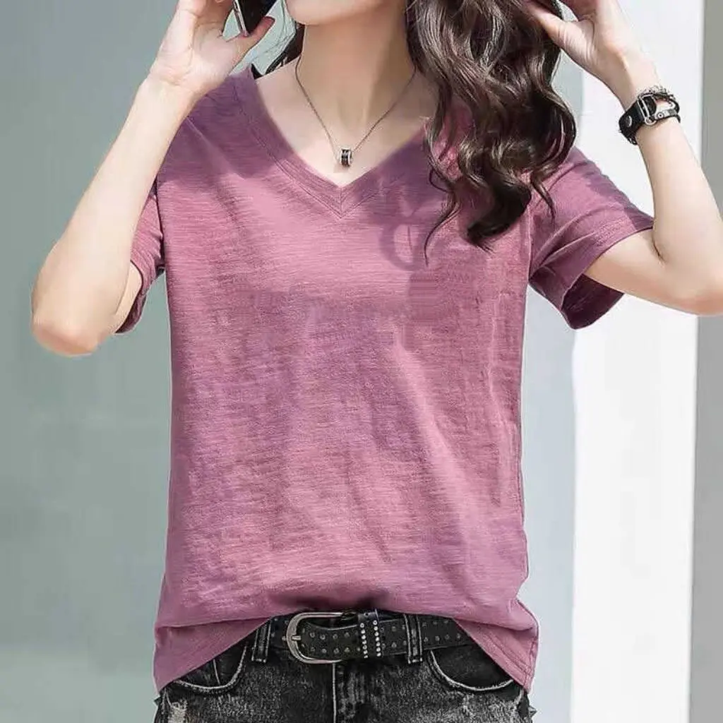 

Women's Slub Cotton V-neck T-shirt Short-Sleeved Loose Slimming Summer Top All-Match Large Size