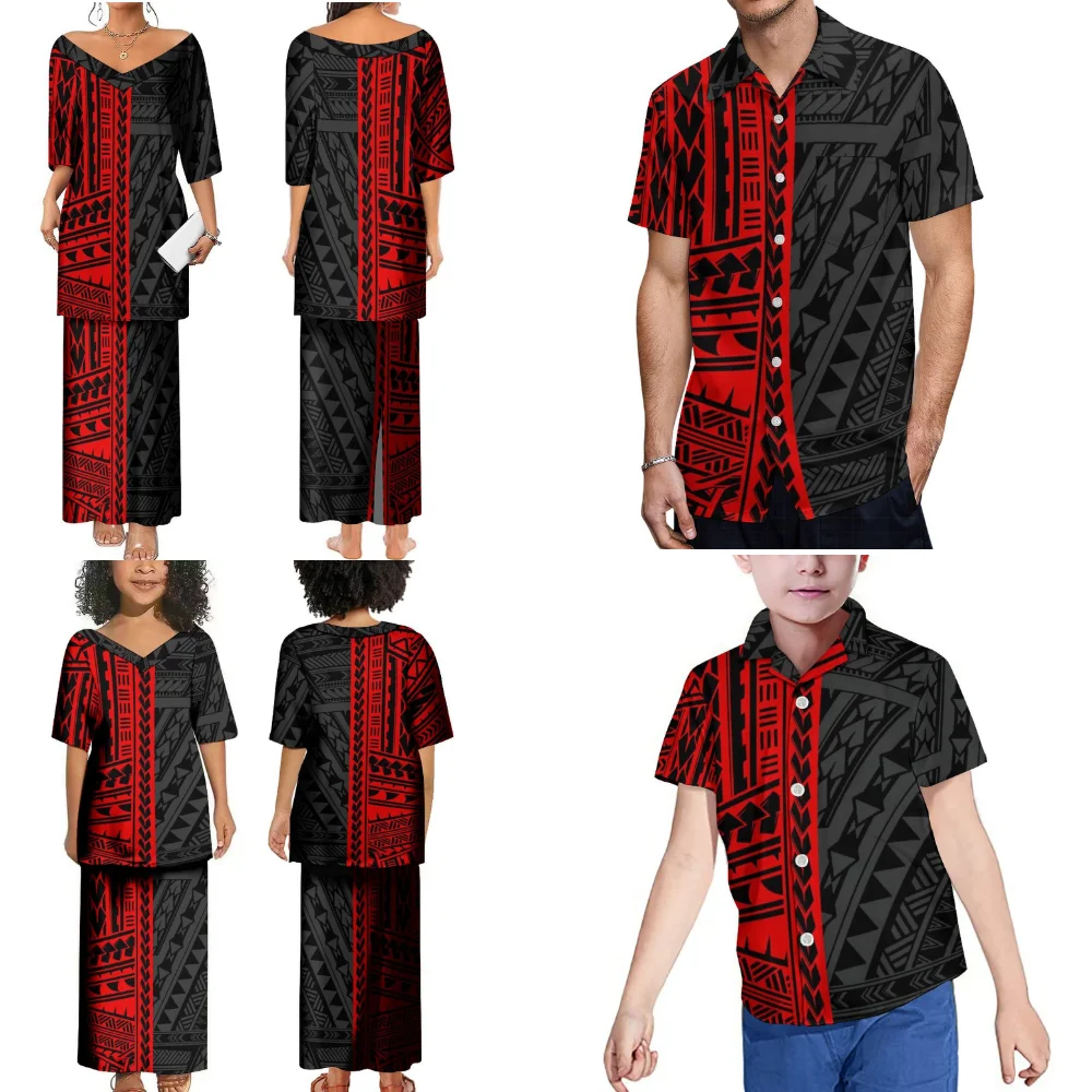 Familie Kleding Samoan Bloemen Custom Patroon Volwassen Kinderen Polynesische Jurk Elegant Temperament Puletasi Jurk Mode Shirt