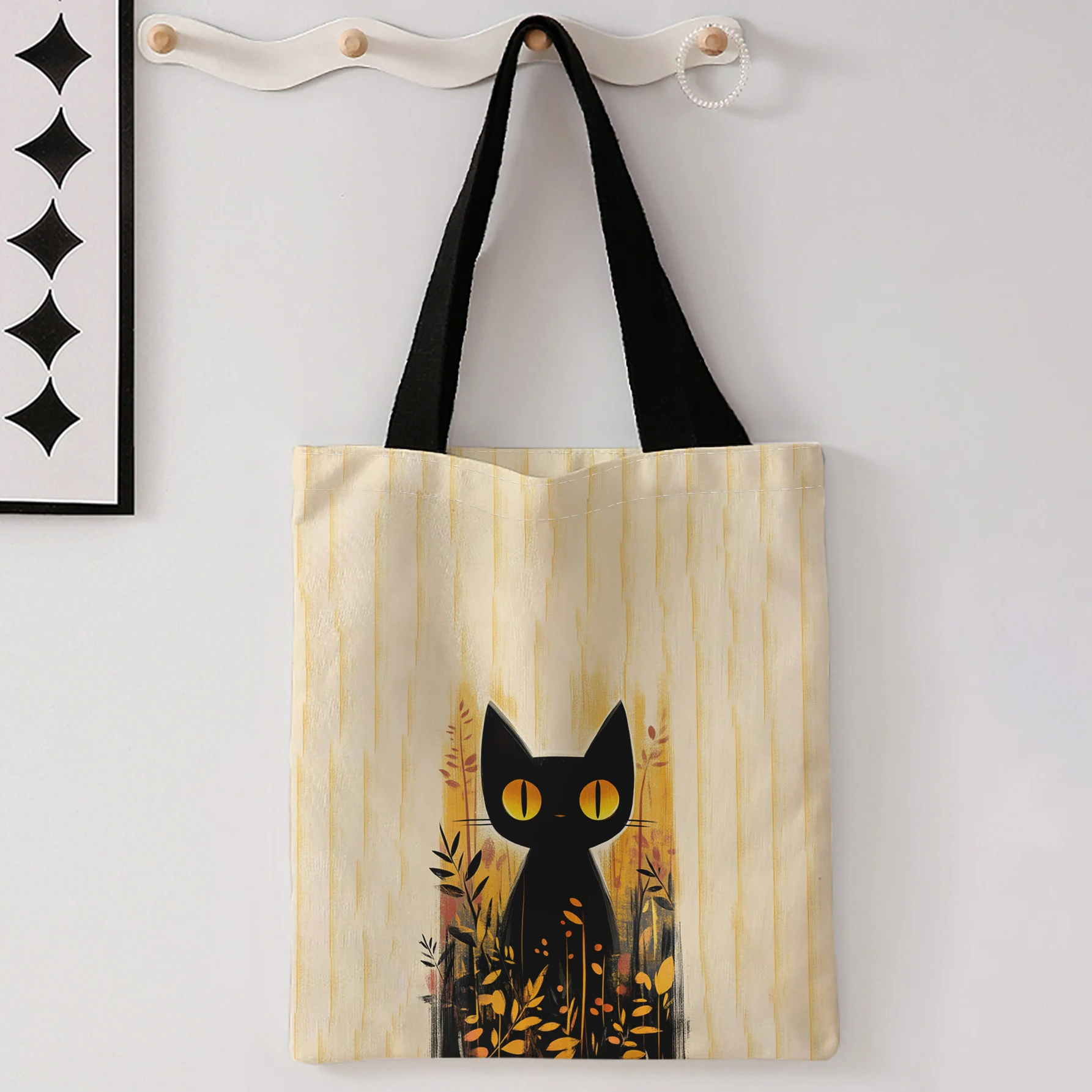 Yellow Vertical Stripes Black Cat With Big Eyes Floral Print Tote Bag Large Capacity Shoulder Bag For Shopping Travel Daily Use