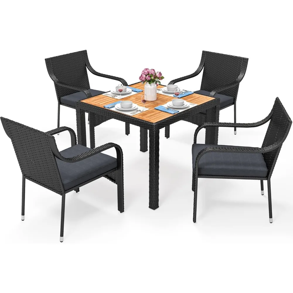 

5-Piece Patio Furniture Set, Outdoor Wicker Dining Conversation Set with Wooden Tabletop and Cushions, Wicker Square Dining Set