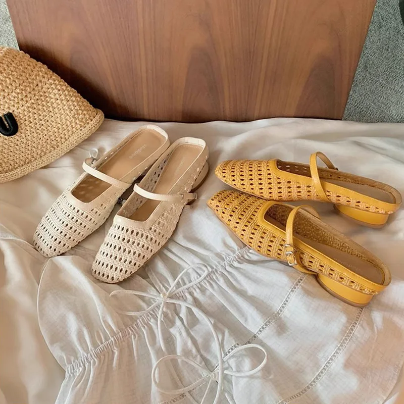 

TOPHQWS Retro Woven Hollow Women Heeled Sandals Summer 2025 Slip On Outdoor Slippers Elegant One-Strap Chunky Heel Sandals