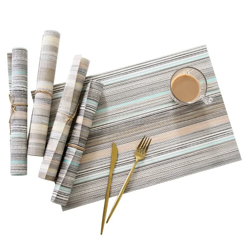 4/6/8pcs Golden Green Stripes Kitchen Placemat Cotton Linen Table Mat Nordic Western Placemat Cup Mats Waterproof Drink Coasters