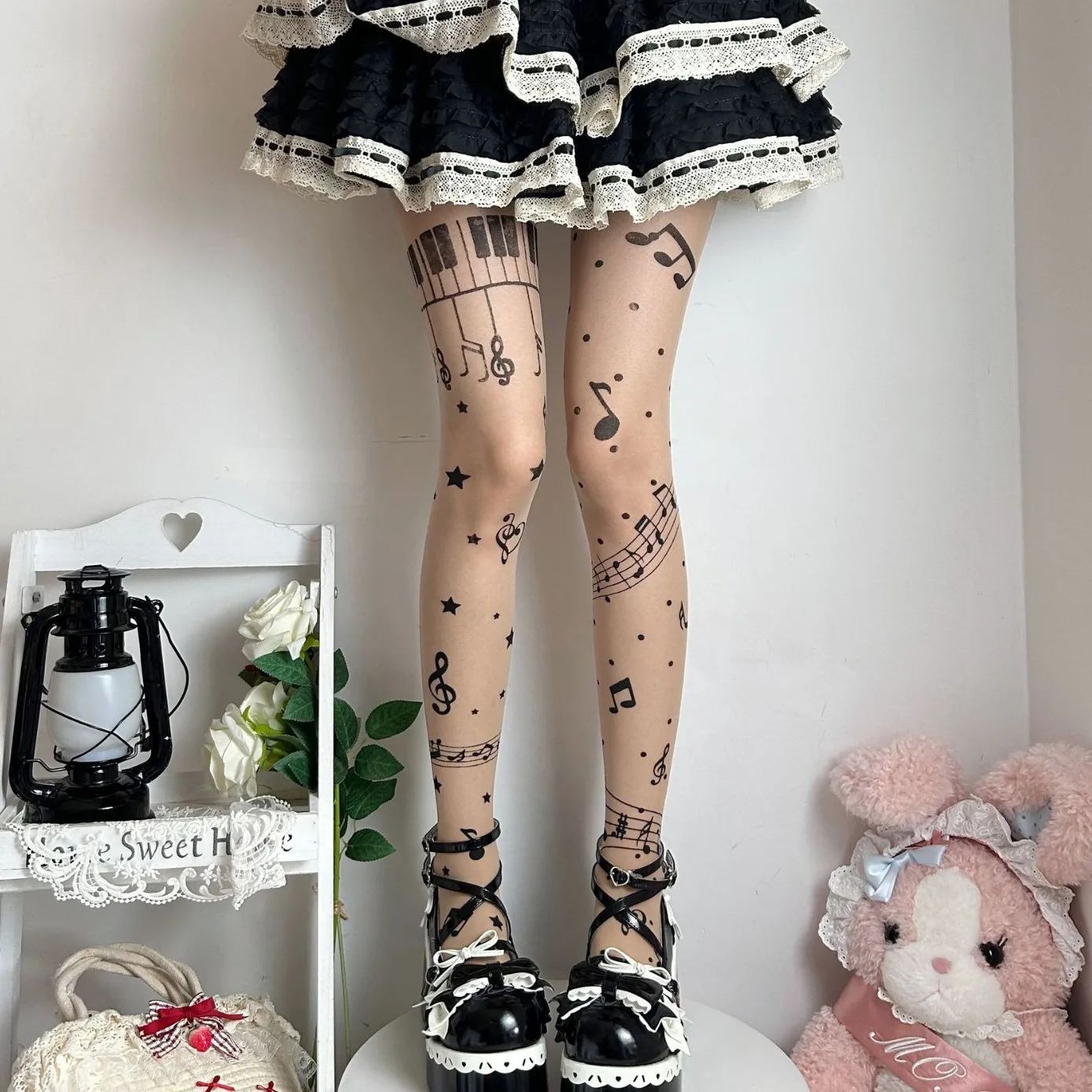 Summer Lovely Note Print Lolita Tights Hosiery Sweet Rock Personalized Thin High Elasticity Black Women's Pantyhose