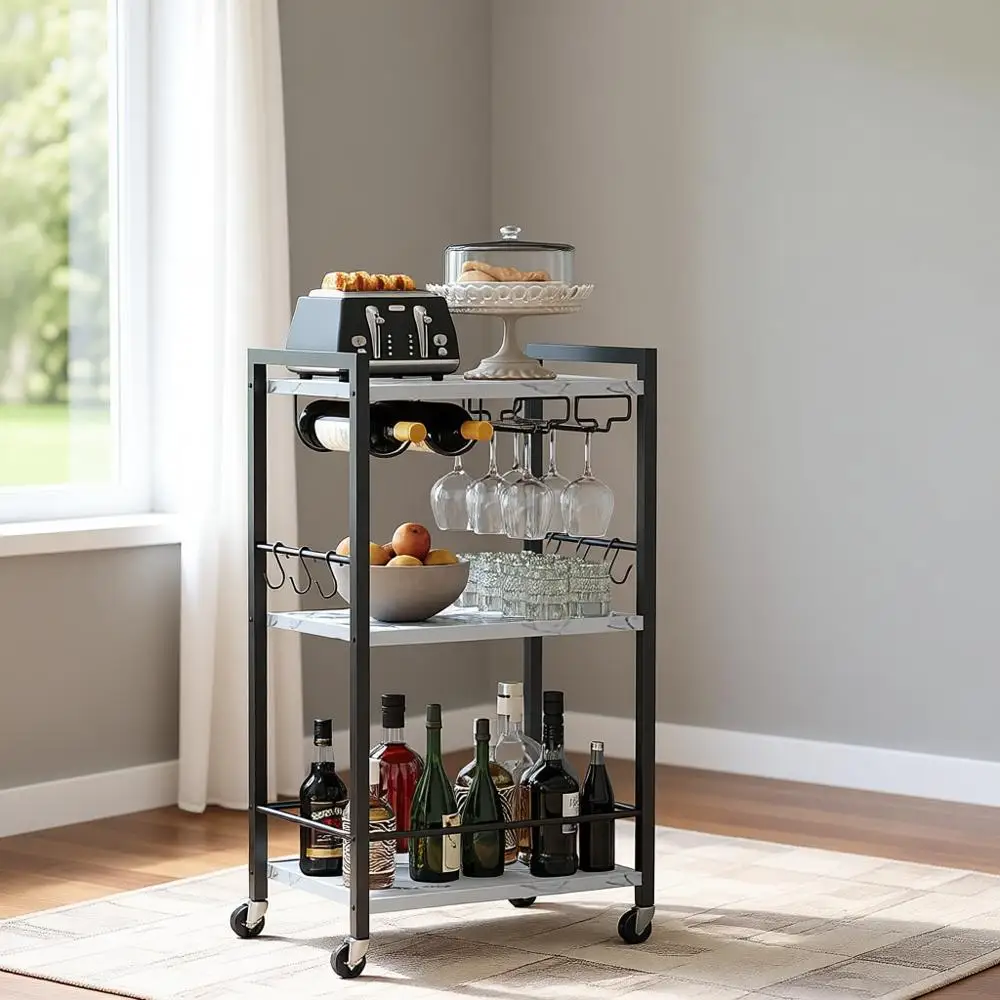 

Трехъярусная передвижная тележка-бар для дома с подставкой для вина и держателем для стаканов, мраморно-белая