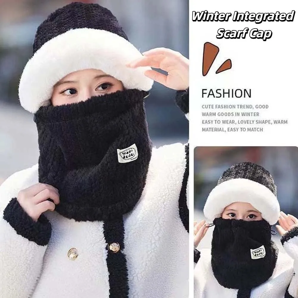 

Balaclava Hat Winter Integrated Scarf Cap Soft 4 in 1 Mask Woolen Hat Ushanka Thickened Cold Proof Scarf Women