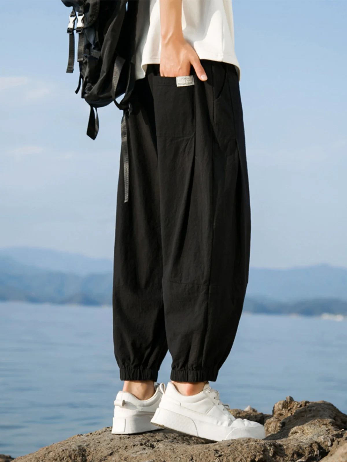 

Мужские летние тонкие льняные широкие брюки-фонарики, повседневные свободные брюки со средней талией, длинные молодежные эластичные пояса