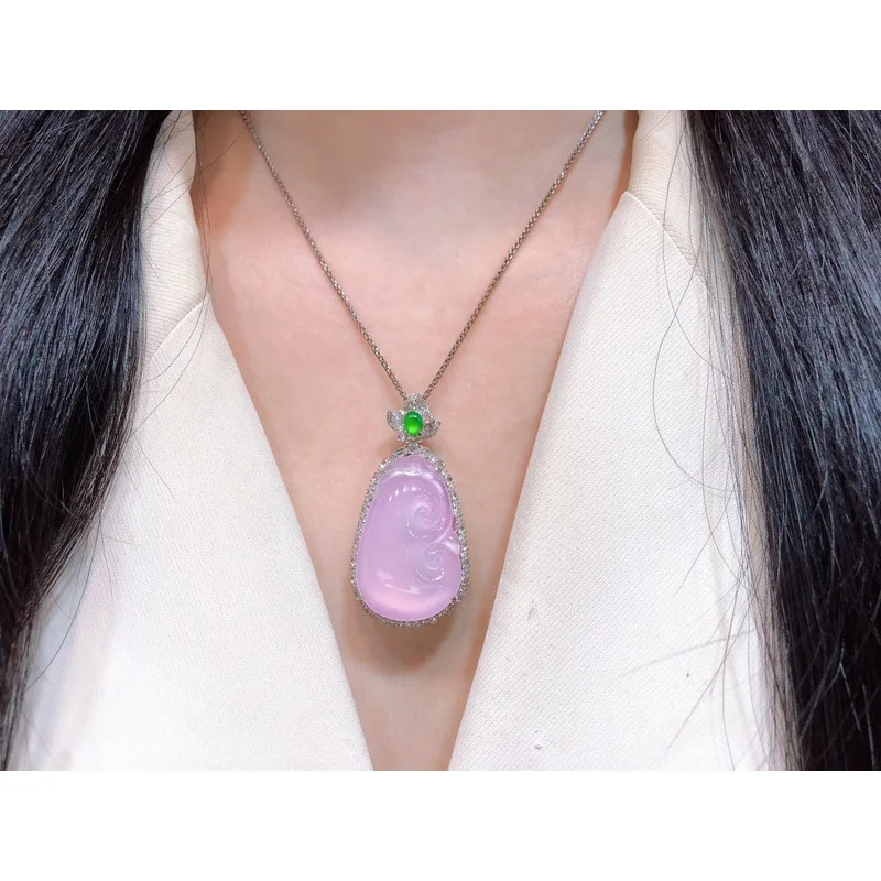 Colgante de Jade Hielo, Natural Birmano, Incrustaciones de Oro de 1k con Buda, Guanyin, Calabaza, Amuleto de Paz, Diseño de Hoja