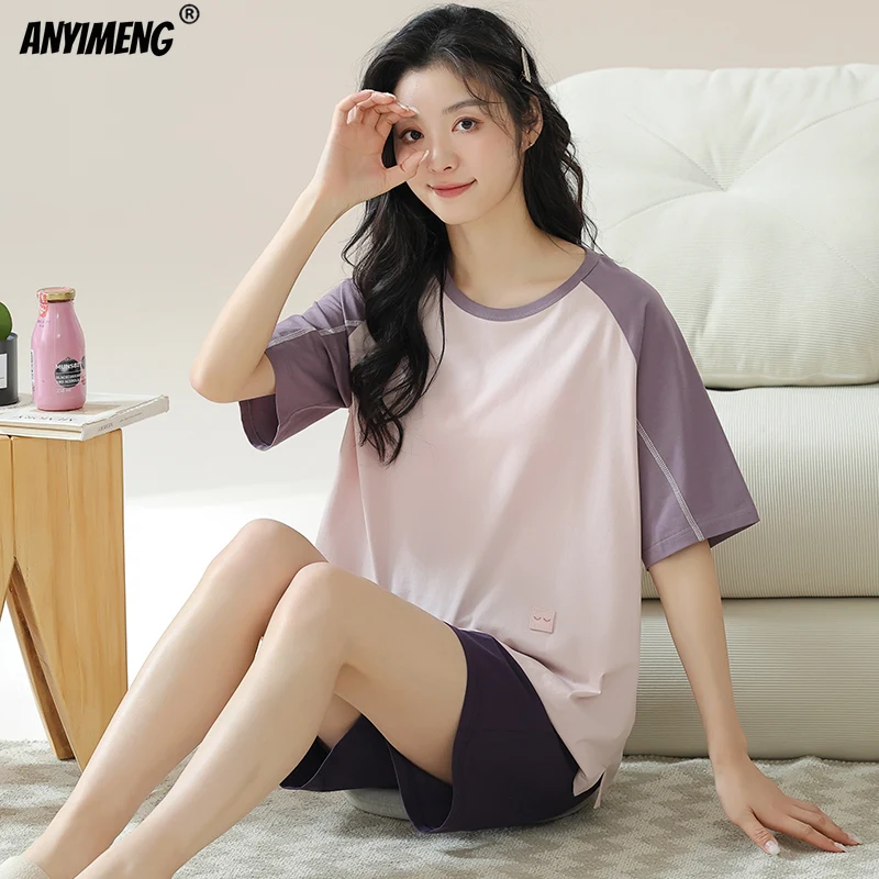 Women Pajamas Set Summer Shorts Knitted Cotton Loungewear Casual Sleepwear for Girl Cool Nightwear O-neck Short Sleeves Pijamas