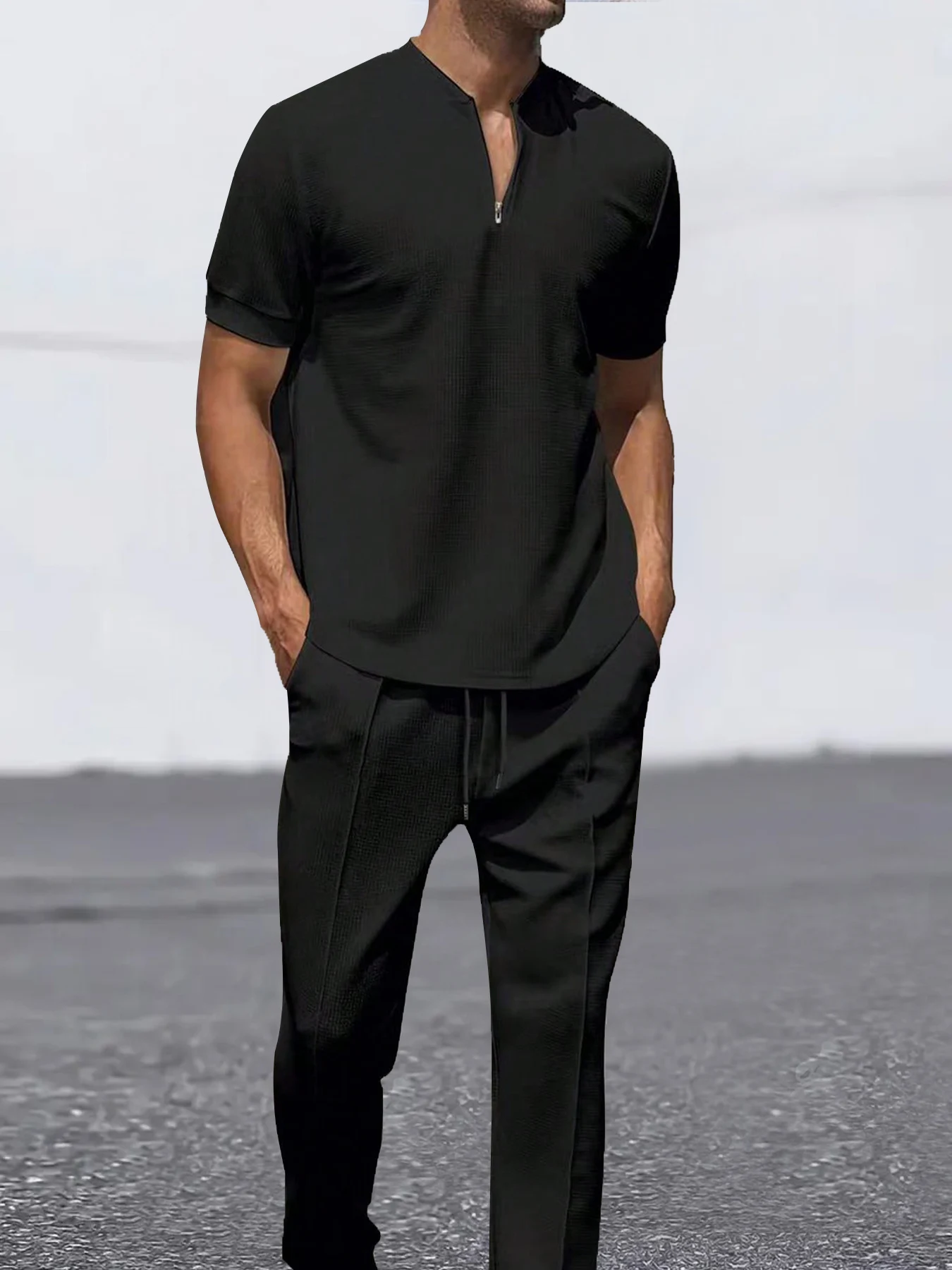 

Men's Black Waffle Half-Zip Stand Collar T-Shirt + Straight Leg Pants Set Summer Smart Casual 2 Piece Outfit