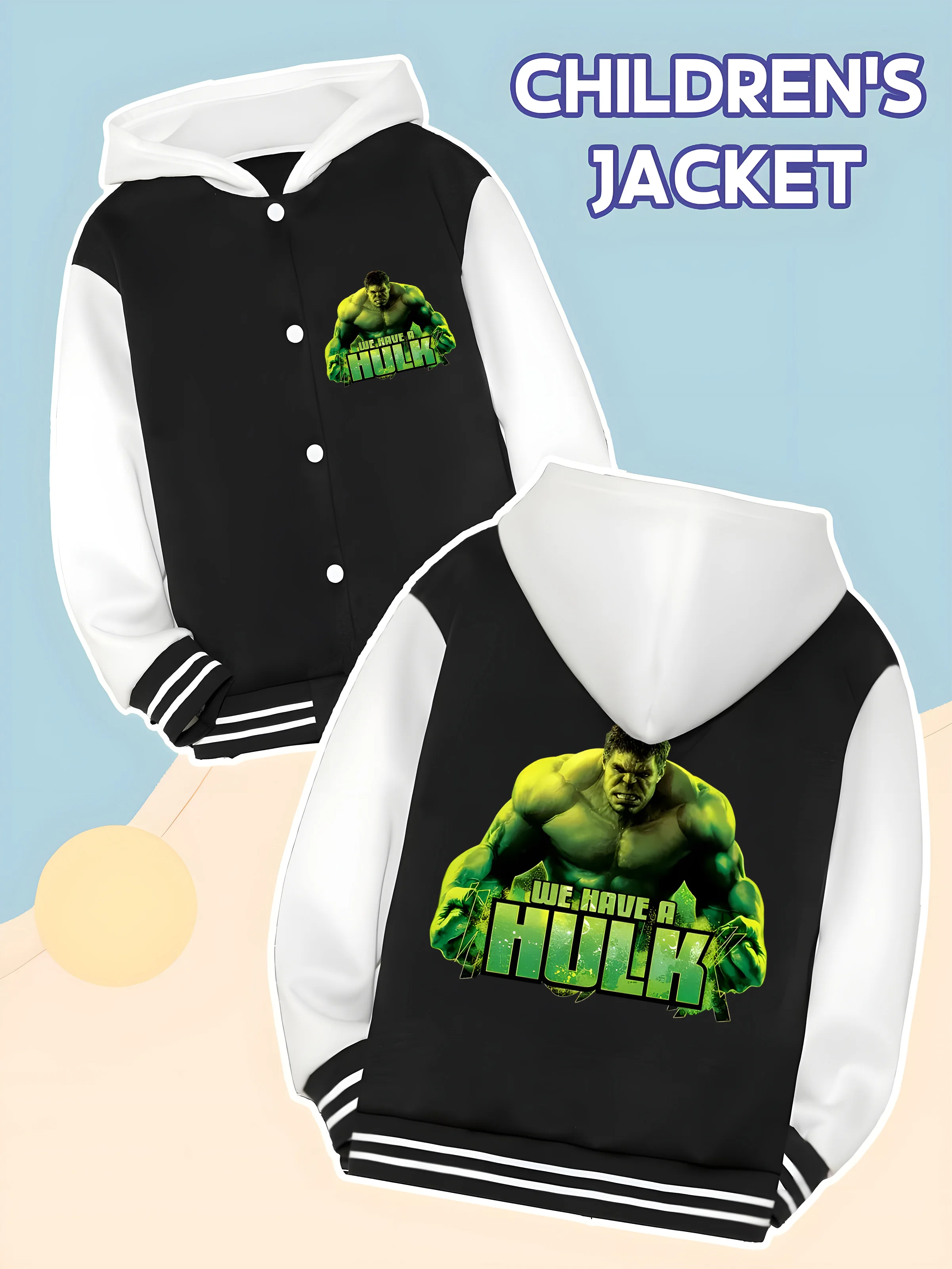 

MINISO Marvel Boys' Baseball hooded Jacket - Incredible Hulk Double-Sided Pattern, Soft Fabric