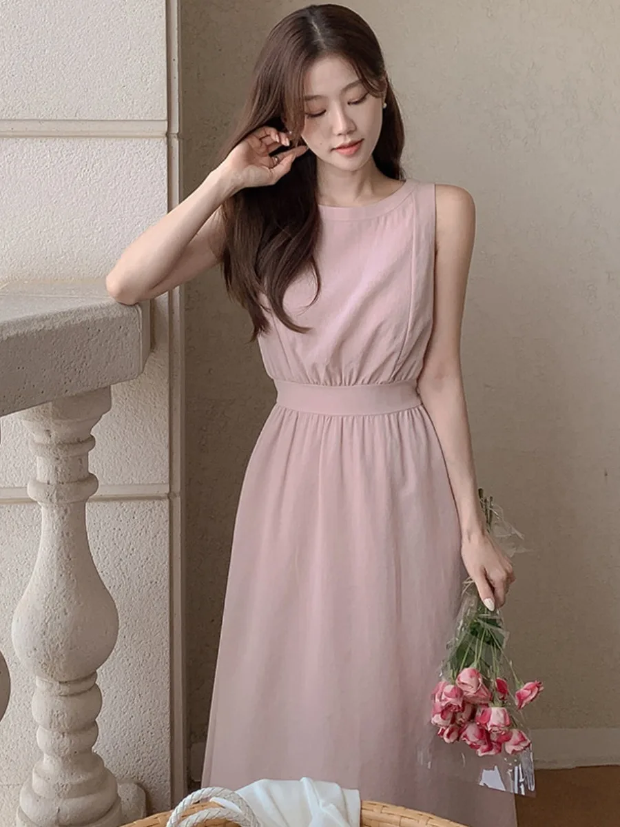 Chic Summer Gentle Wind round Ne  Color High Waist Slimming First Love Vest Dr Women's Svel Tank Dr