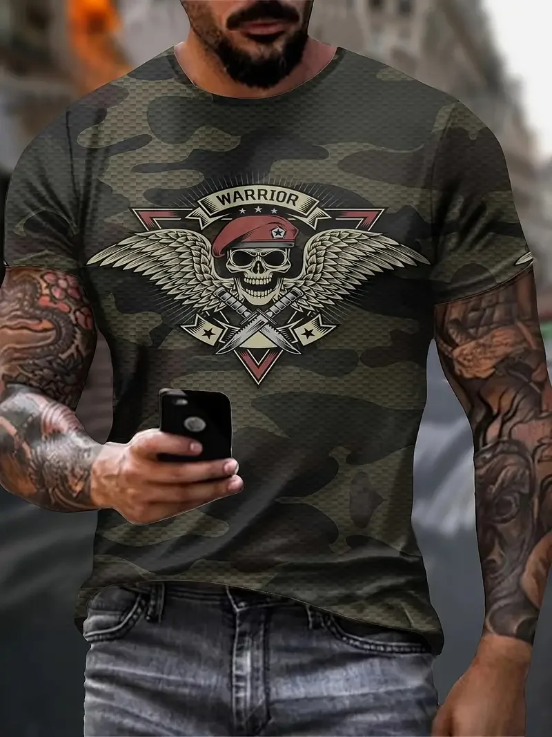 Summer Outdoor Men\'s T Shirt 3d Skull Warrior Camouflage Print Man Trendy Color Block Short Sleeve Tee Crew Neck T-Shirt Clothes