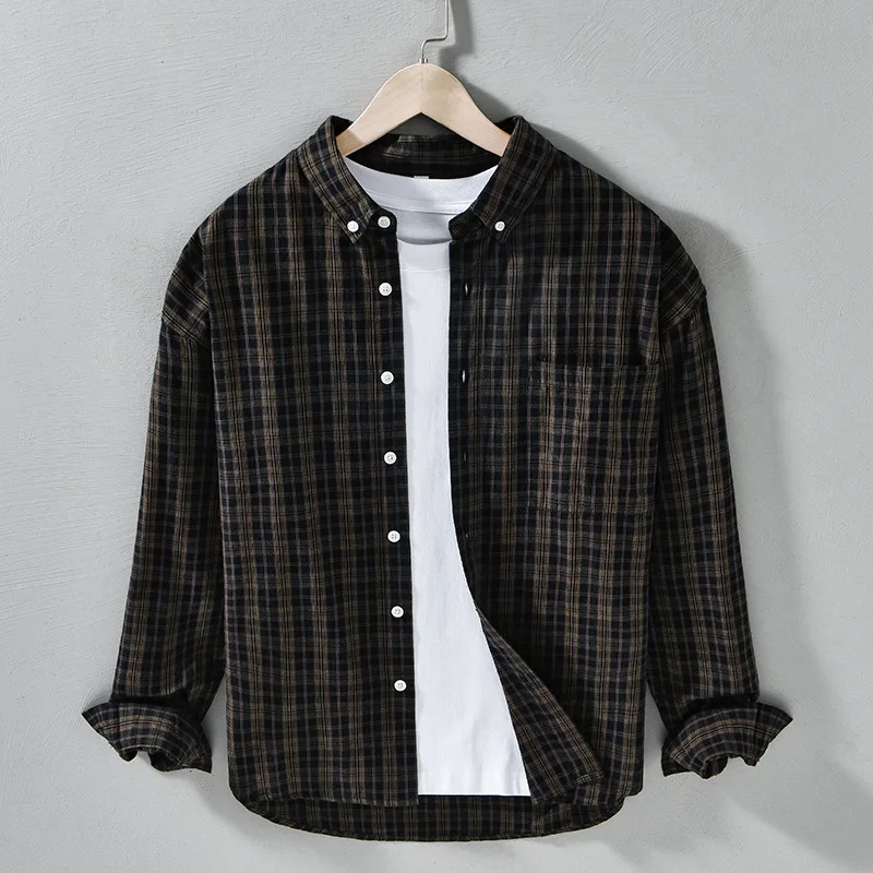 

Japanese Style Men's Long Sleeve Plaid Cotton Shirt Loose Fit Casual Vintage Shirt Trendy Versatile Comfortable Breathable