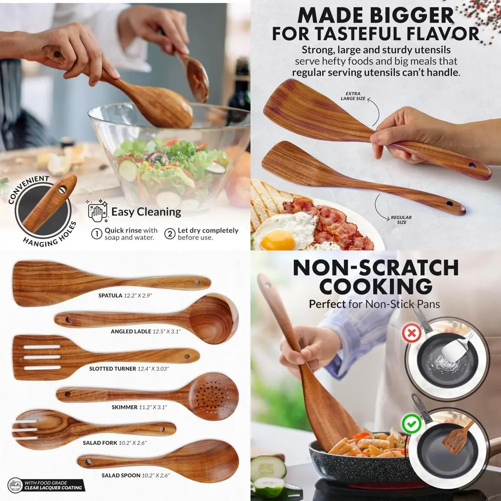 

Набор кухонных принадлежностей из тикового дерева из 6 предметов — токарный станок с гладкой ручкой, лопаточка, скиммер, вилка, сервировочная ложка