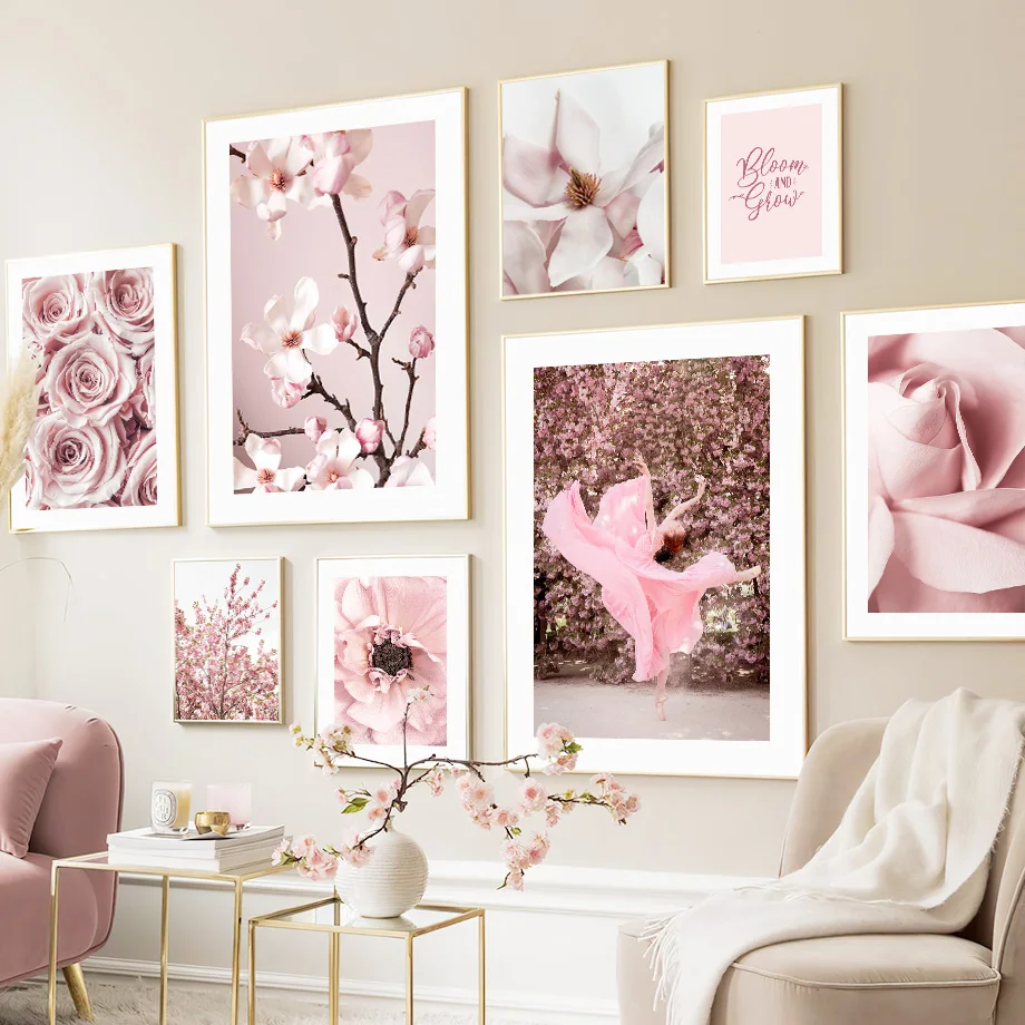 1pc frameless Canvas painting Pink Ballet Girl Cherry Blossom Rose Peony Flower Canvas Painting Posters And Prints Wall Art P