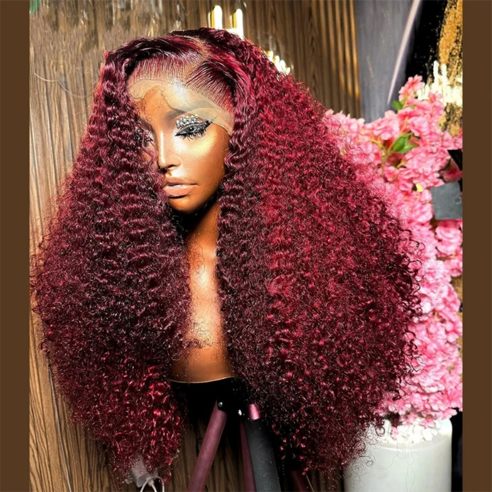 طويل 26 بوصة 180 الكثافة لينة بورجوندي غريب مجعد قبل قطعها غلويليس الاصطناعية 13x4 الدانتيل شعر مستعار أمامي شعر الطفل الاستخدام اليومي #3