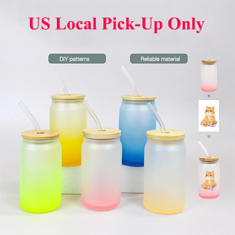 

US Local Pick-Up for 48pcs 16oz Sublimation Blank Frosted Clear Beer Soda Can Drinking DIY Gradient Glass Mug With Lid And Straw