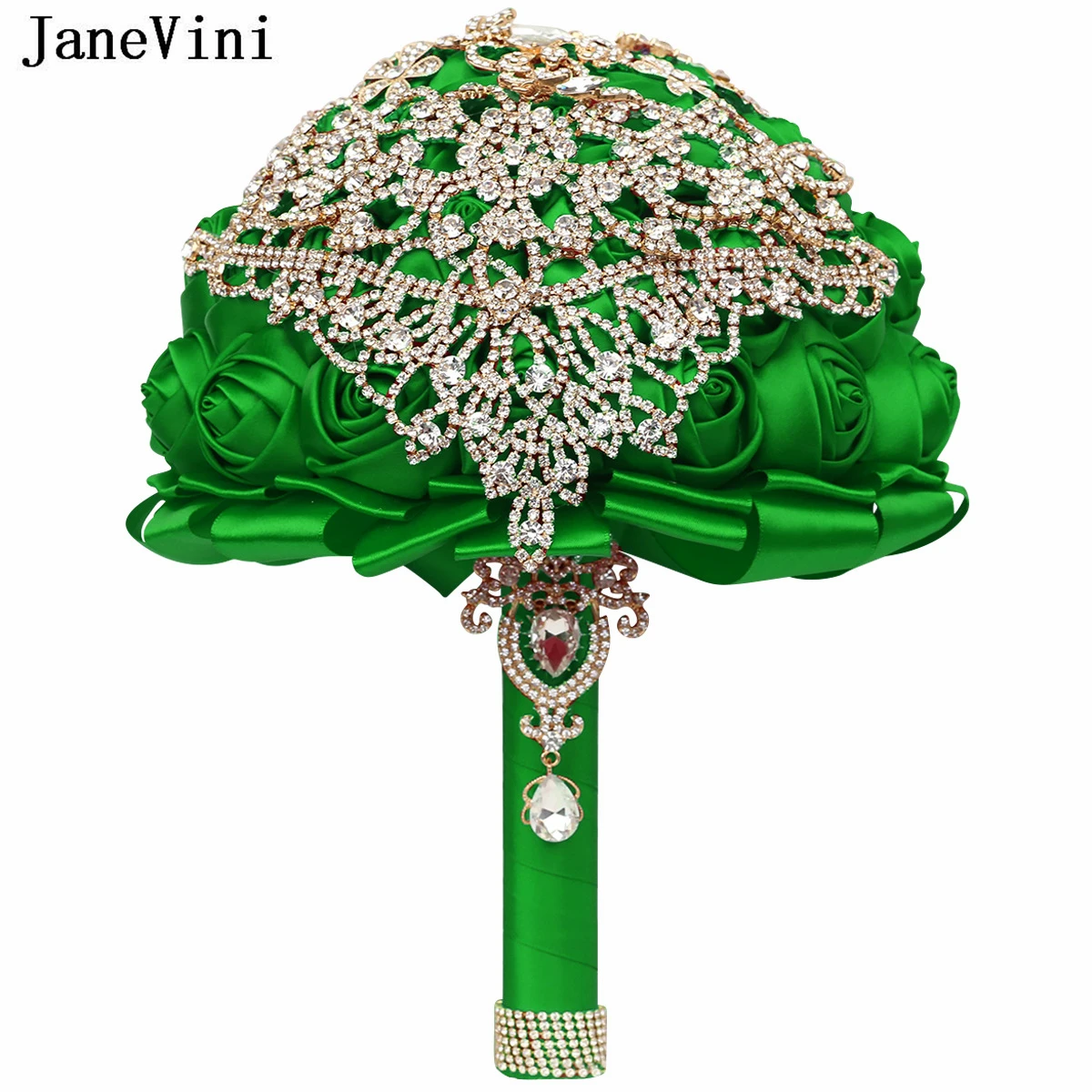 JaneVini Shiny Gold Rhinestone Emerald Green Bride Bouquet Wedding Luxury Handmade Rose Bridal Flowers Bouquet De Mariage Mariée