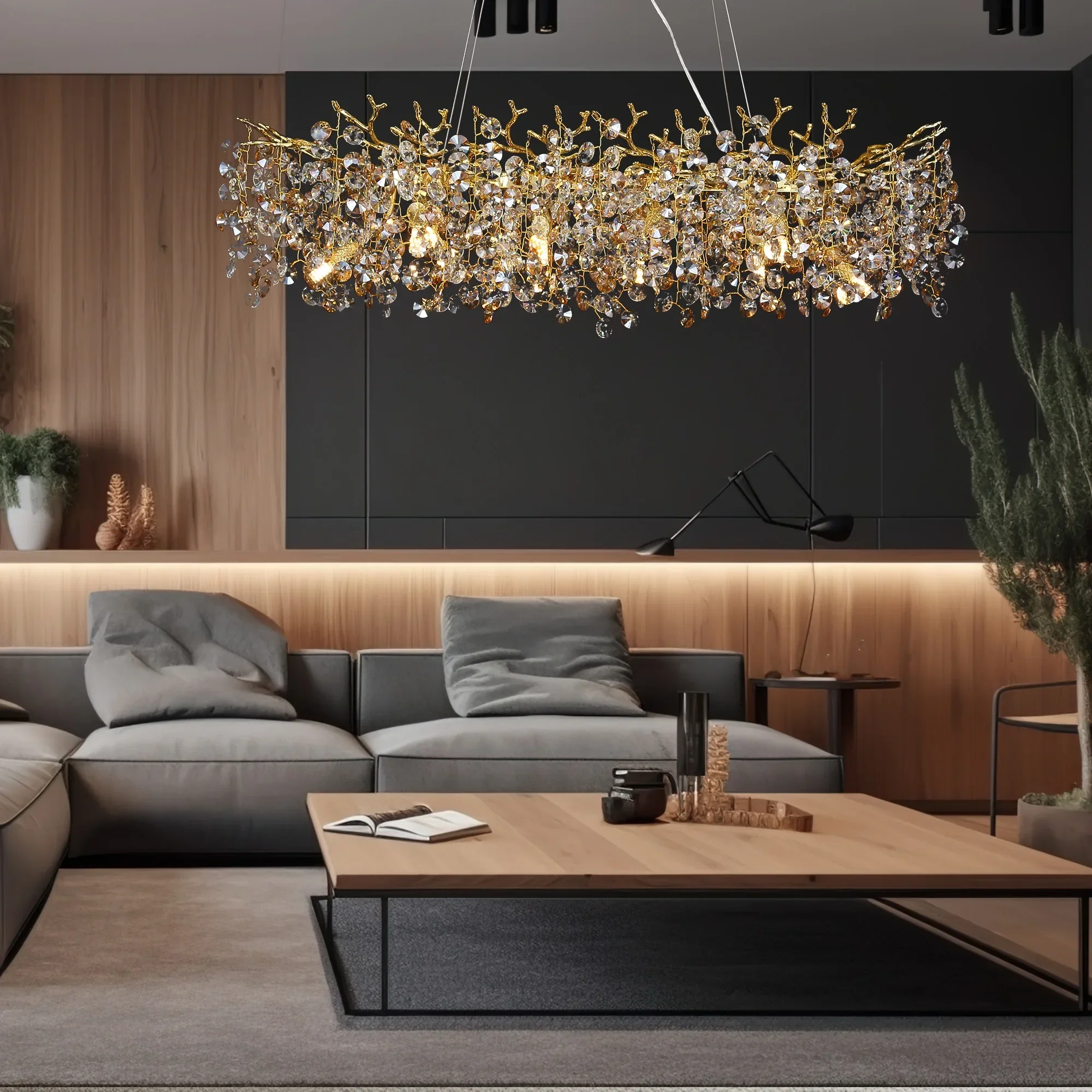 2024 Modern Long Rectangle Crystal Chandelier Dining Room Gold Island Branch Hanging Chandelier Large Nordic Led Chandelier