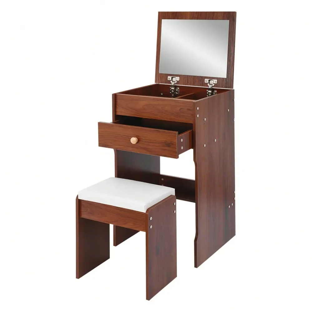 

In 1 Vanity Desk, Mini Flip Top Vanity Set With MirrorDrawer, Compact Dressing Table With Cushioned Stool, Small Makeup Vanity