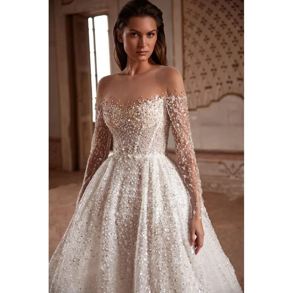 ゴージャスなボールプリンセス花嫁ドレス長袖ビーズシャイニングチャーチトレインローブAラインウェディングドレスカスタマイズ