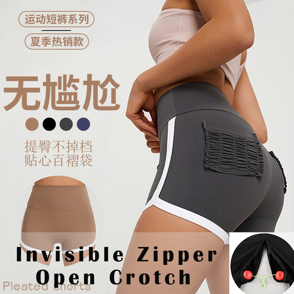 Zipper Crotch Summer Sexy Ruffle Pockets Shorts Women Fitness Sports High Waist Bottoms