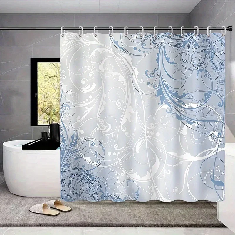 4pcs Blue Graphic Printed Shower Curtain Set, Waterproof Bathroom Partition Curtain With Hooks, Non-Slip Bath Rug, Toilet U-Sh