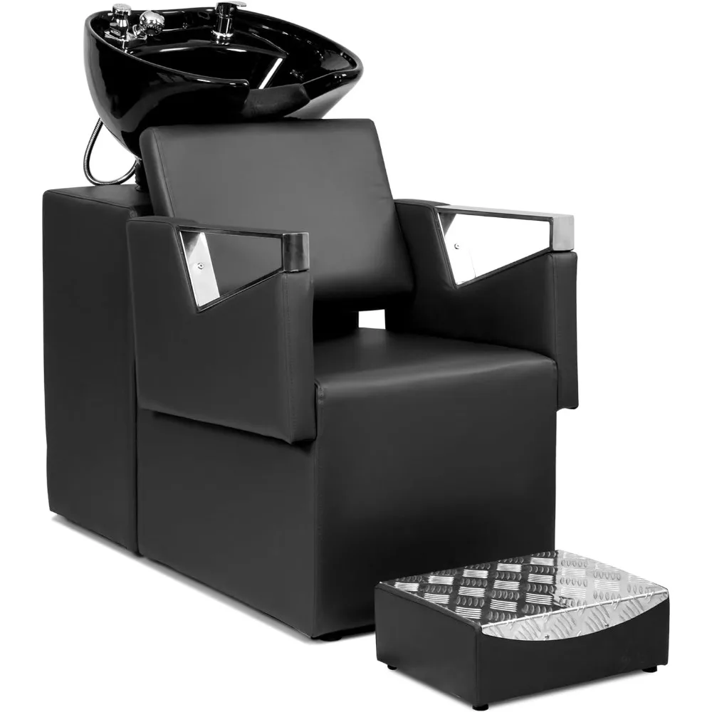 

Professional Shampoo Backwash Barber Chair with Large Ceramic Bowl, Stainless Steel Footstool, Adjustable Shampoo Bowl Sink