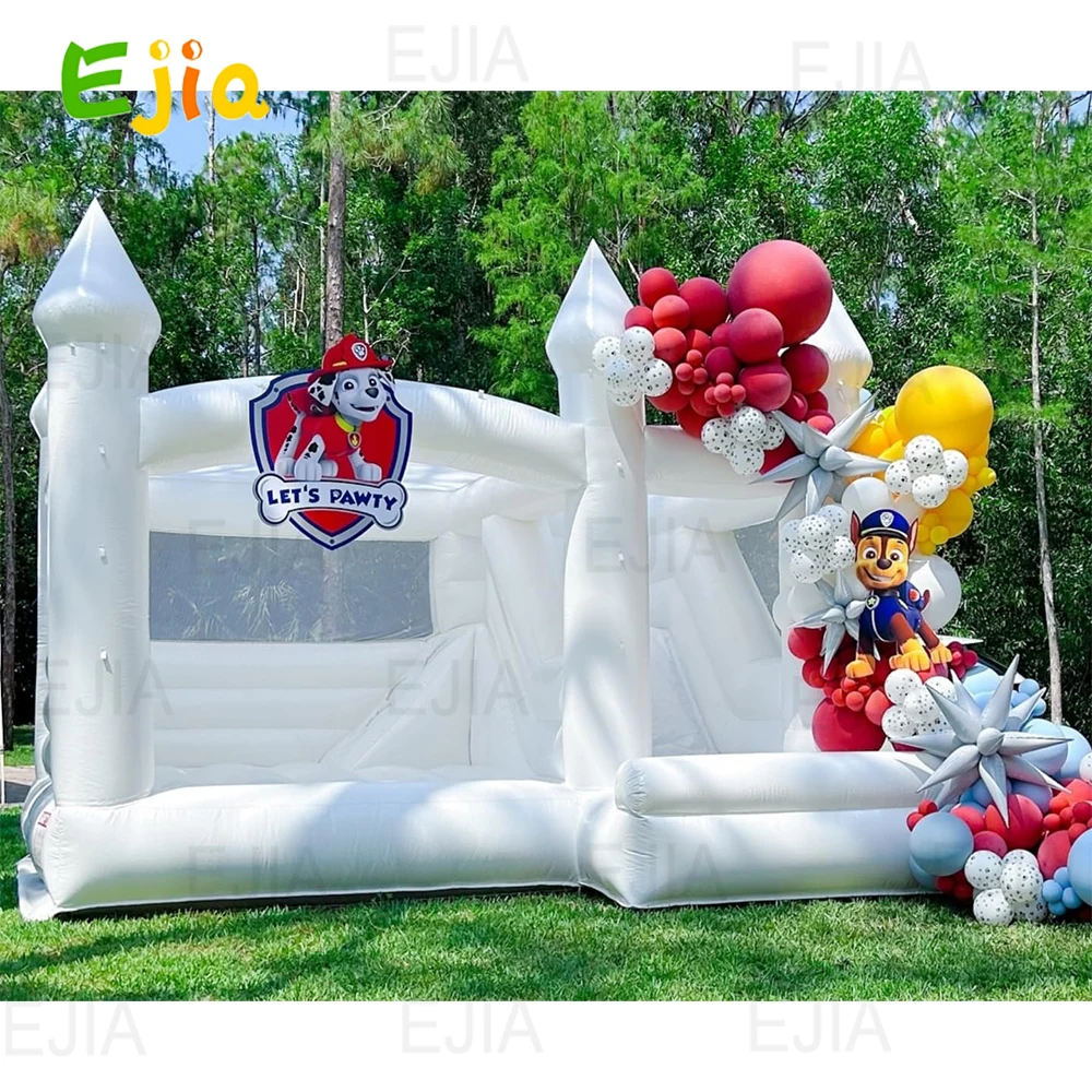 Casa de balão inflável para festa de casamento, rede de trampolim infantil, castelo bouncy branco com slide, uso comercial, 15 pés