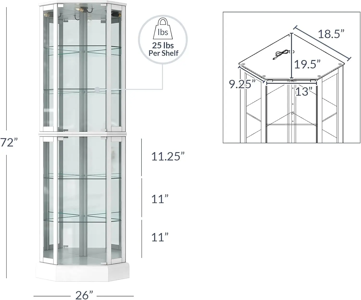 Lighted 3-Side Glass Display Curio Cabinet with Tempered Glass Doors and Shelves, Curved Wood Corner Cabinet with Bulb (White)