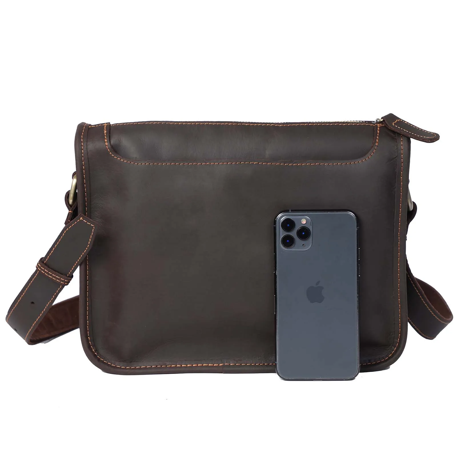 S.WORKER Vintage Echtleder Herren 11" Messenger Bag Umhängetasche Crazy Horse Rindsleder Schultertasche Top-Layer Mode – Detail 14