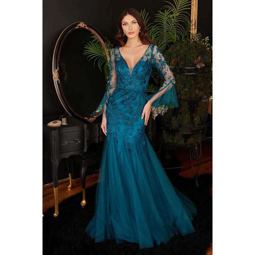 

High Quality Blue Evening Party Dresses V-Neck Floor Length Full Sleeves Illusion Trumpet Flowers Smart Women Prom Banquet Gowns