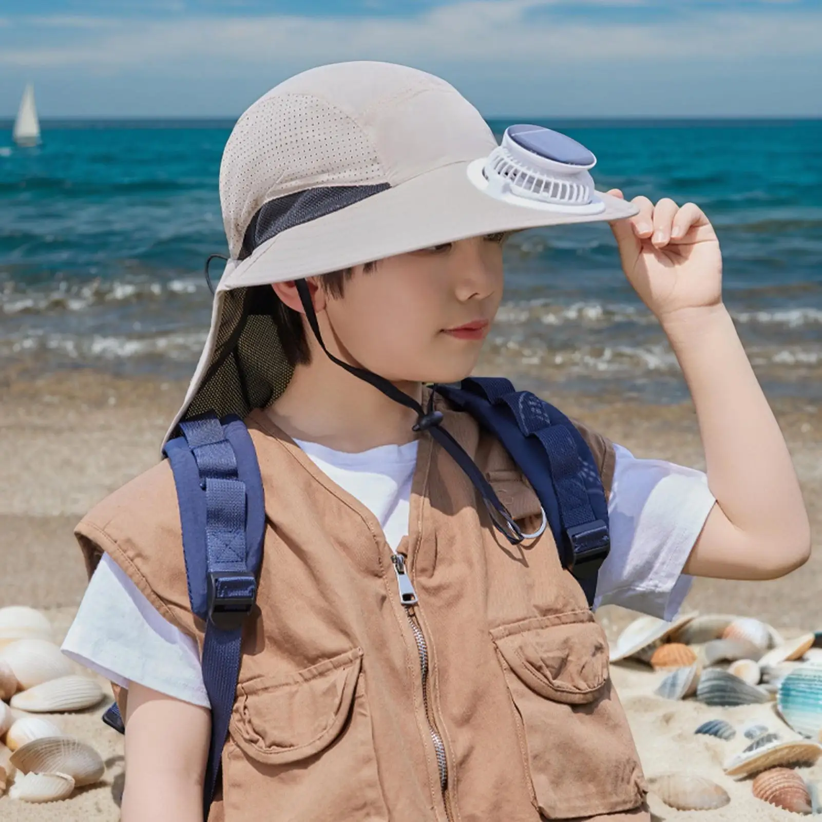 Solar Fan Hat For Kids Breathable Sunscreen Hat Quick-Drying Sunblock Cap Wide Brim For Cycling Fishing Camping Summer Cooling