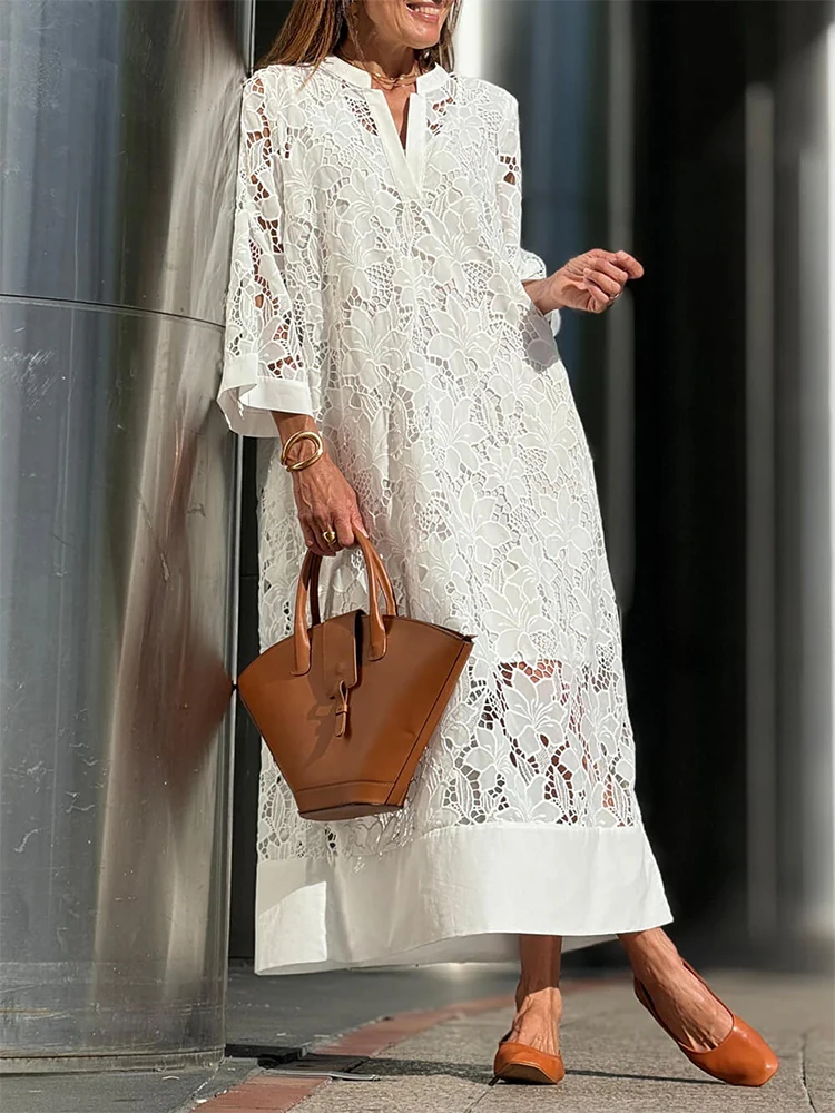 Abrini White Embroidery Lace Dress Women Spring Sexy V Neck Hollow Out Party Dress New Boho Loose Long Dress Holiday