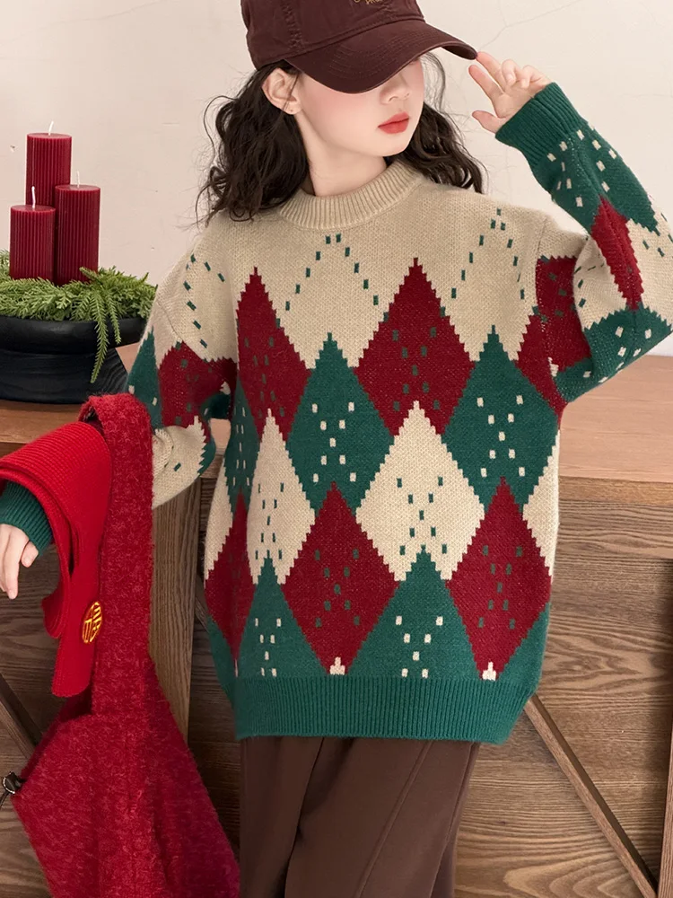 

Girls' Cisas Theme Diamond Pattern Knitted Sweater Winter Thiened Base Layer Top Casual Loose Fit Soft round Ne Long ...