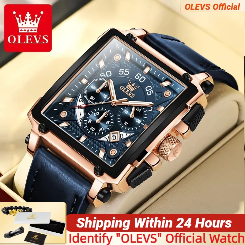 OLEVS 9919 Chronograph Multifunctional Quartz Men's Watch Leather strap 45MM Square Big Dial Leisure Sports TOP Brand Male Watch