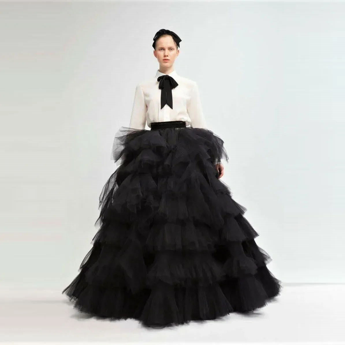 Classic Elegant Exquisite Simple Black Women Skirt Floor Length Tulle Ruffle Layered Ball Gown Photography Party Skirt Plus Size