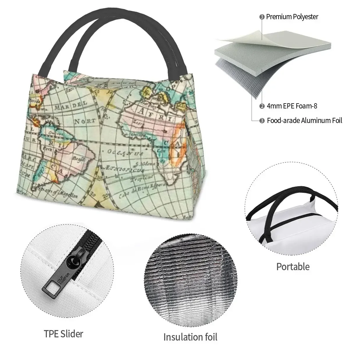 Earth Map Print Lunch Bag Vintage Map of The World Lunch Box Picnic Portable Cooler Bag Oxford Designer Thermal Lunch Bags